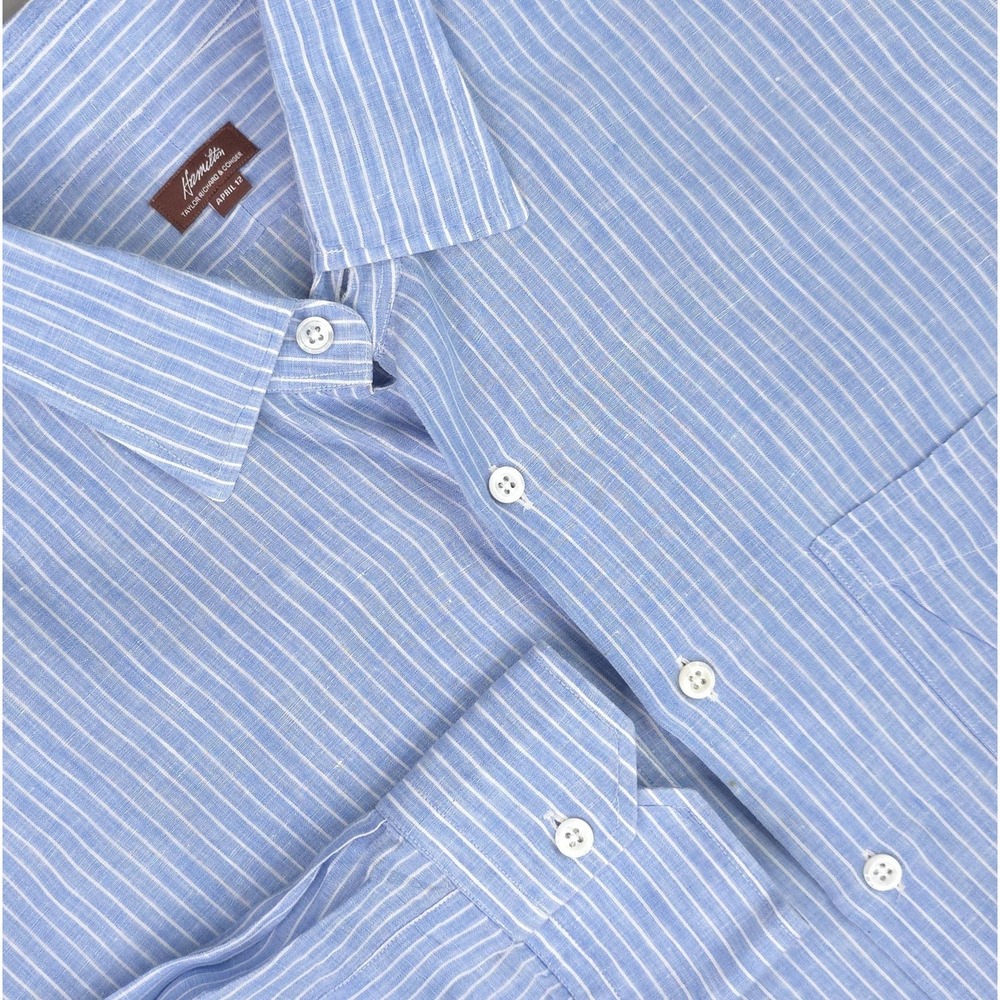 Hamilton Shirt Mens XL Blue Stripe Linen Long Sleeve Button Down Casual Summer